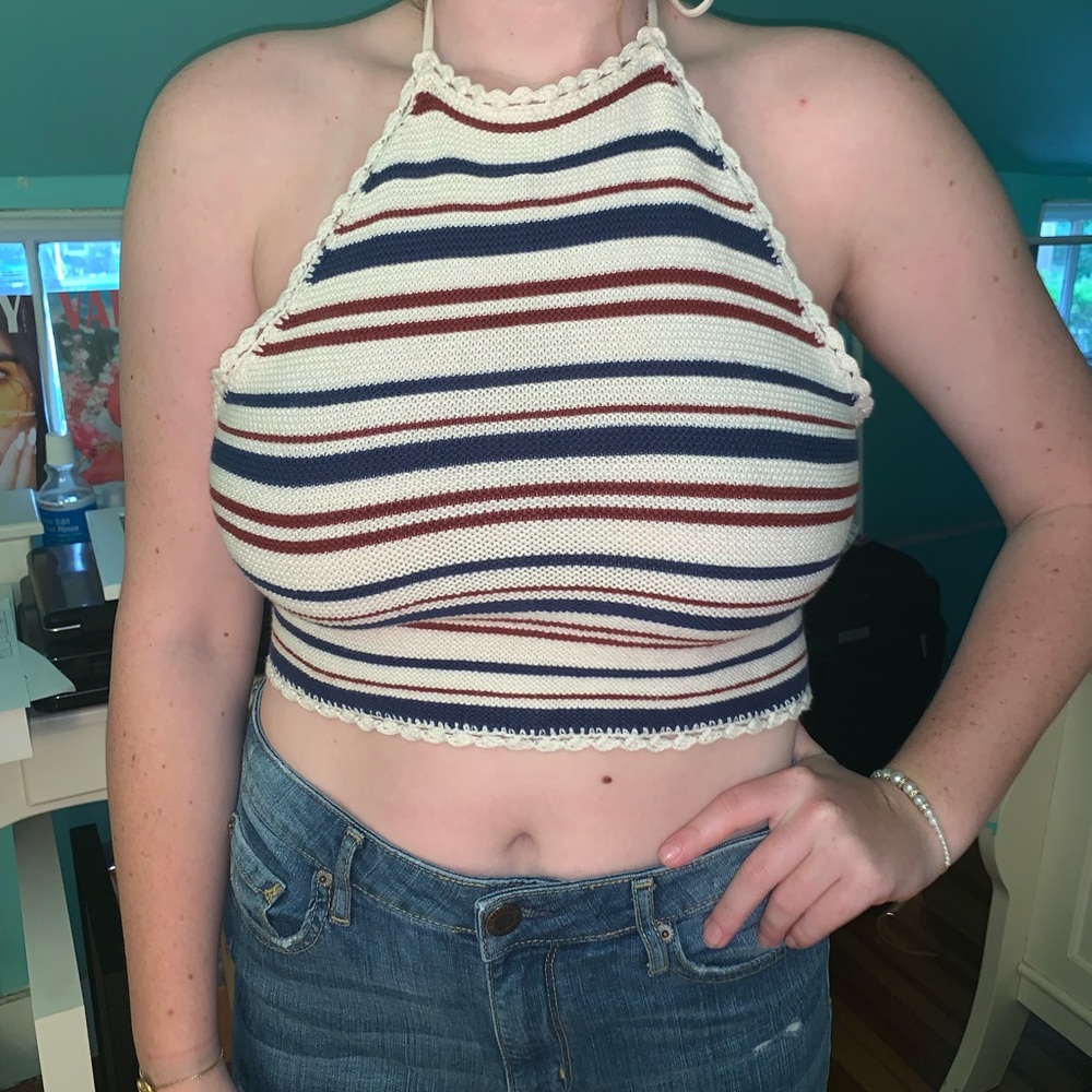 Red, white, and blue knitted halter crop top!